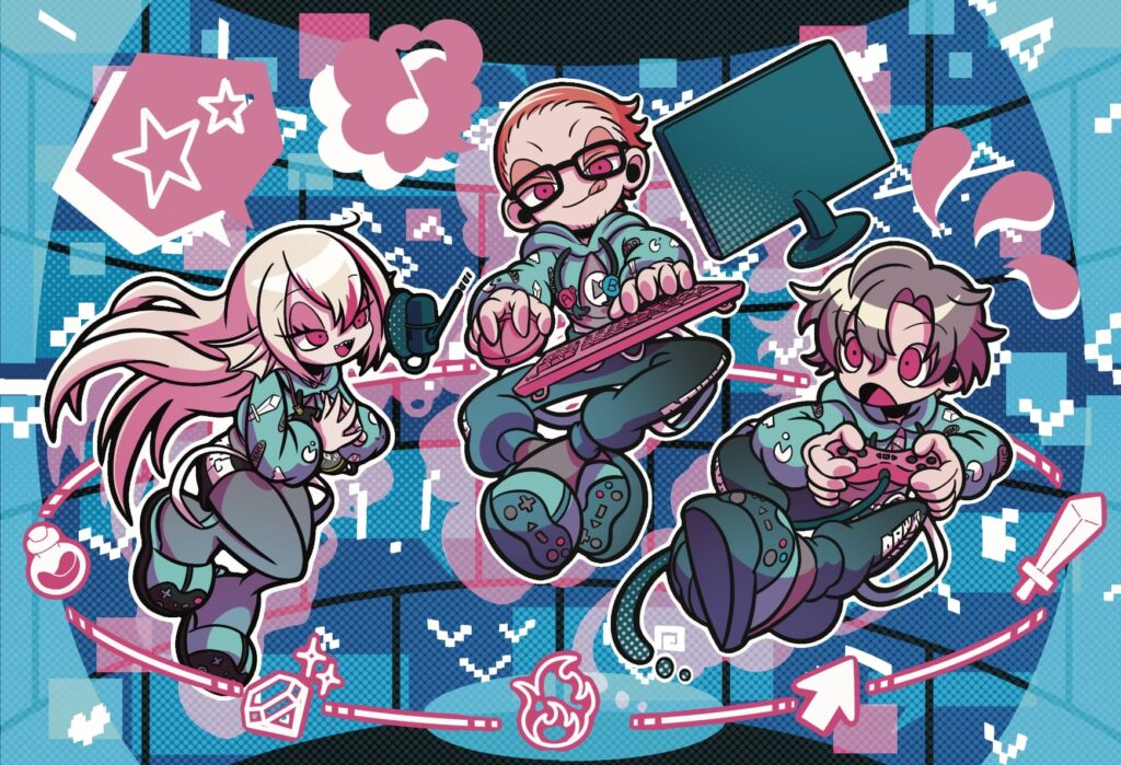 メインビジュアルイラスト：人型のキャラクタ3名が、それぞれマイクに向かって話す、モニタの横でキーボードを打つ、ゲームコントローラーを操作する仕草をしている。 ポップな雰囲気で、全体の色味が、ロゴと同じわずかに緑がかった水色とピンクで統一されている。 背景には四角いドットで構成された絵文字のようなアイコンがたくさん散りばめられている。